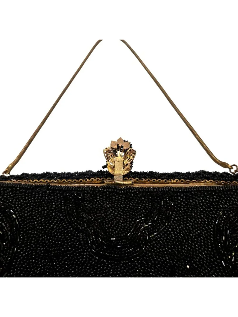 Vintage 1930's Black Seed-Beaded Scrollwork Evening Bag Hand Made in France Gold